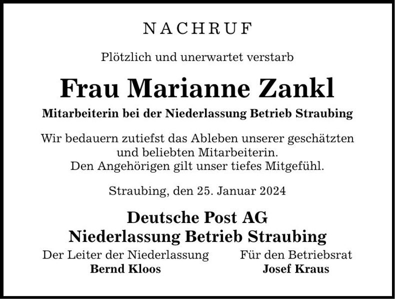 Traueranzeige Marianne Zankl