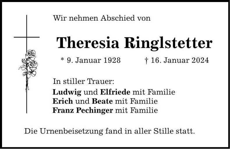 Traueranzeige Theresia Ringlstetter