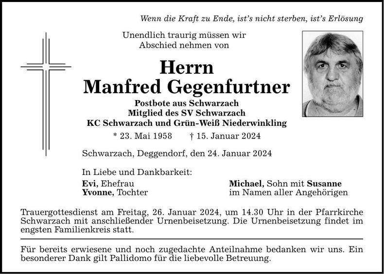 Traueranzeige Manfred Gegenfurtner