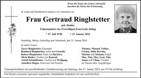 Traueranzeige Gertraud Ringlstetter