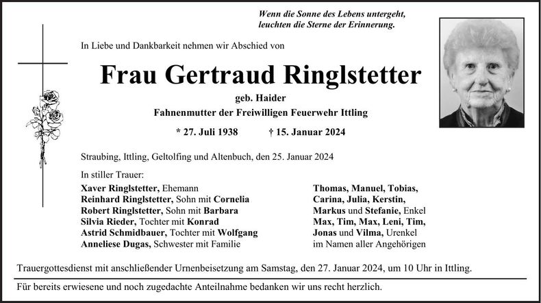 Traueranzeige Gertraud Ringlstetter