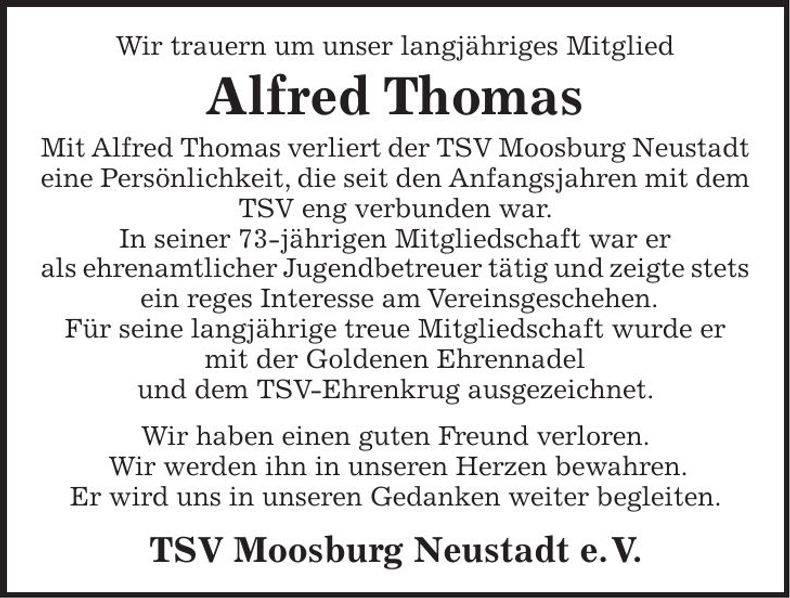 Traueranzeige Alfred Thomas
