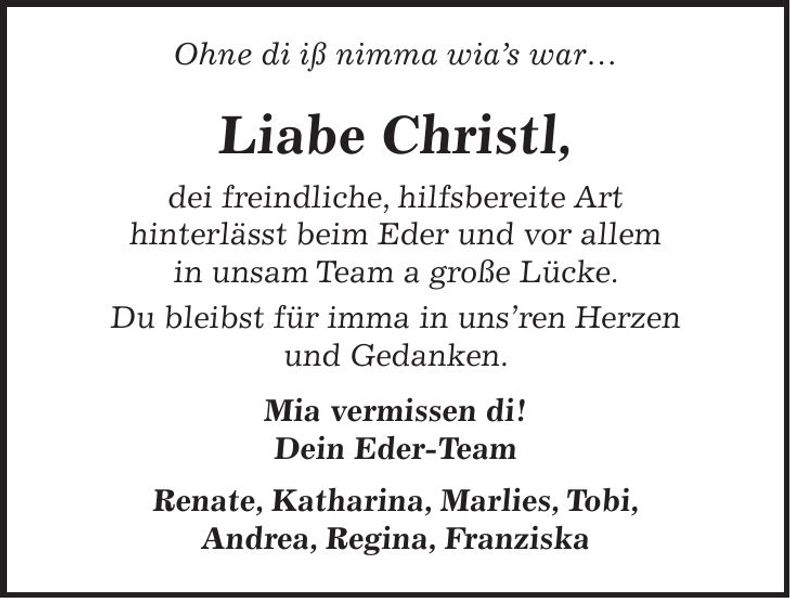 Traueranzeige Christl Lichtenegger