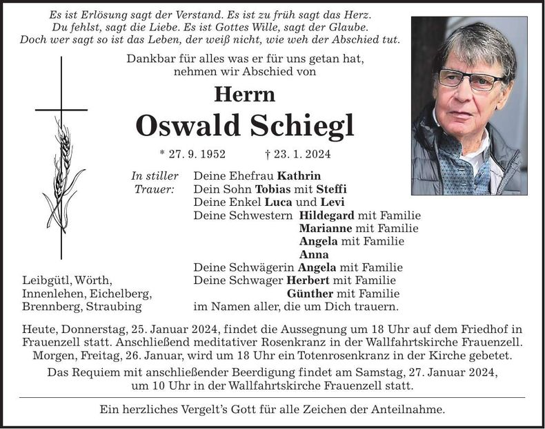 Traueranzeige Oswald Schiegl