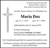 Traueranzeige Maria Dax