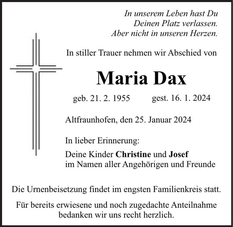 Traueranzeige Maria Dax