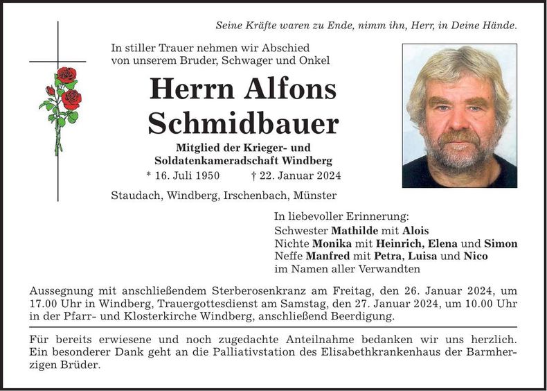 Traueranzeige Alfons Schmidbauer