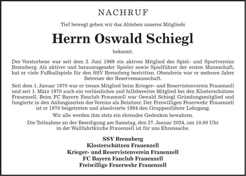 Traueranzeige Oswald Schiegl