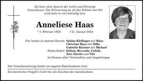 Traueranzeige Anneliese Haas