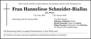 Traueranzeige Hanneliese Schneider-Biallas