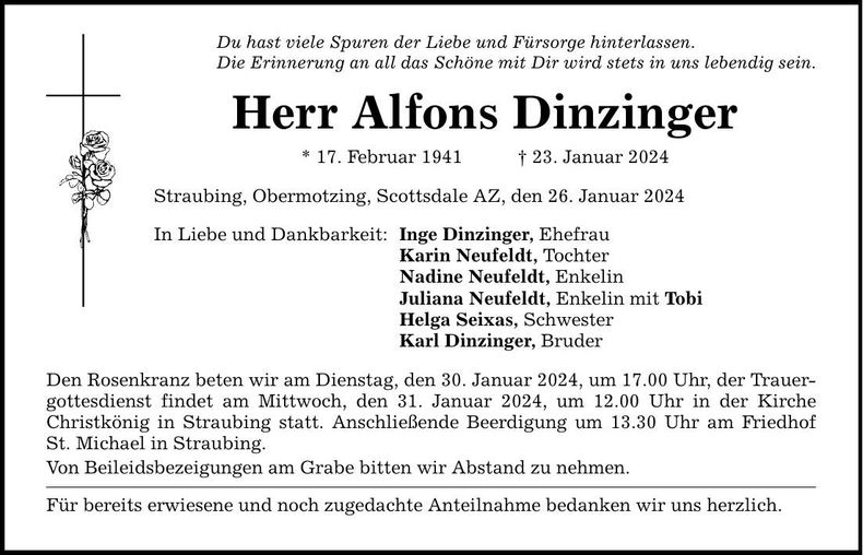 Traueranzeige Alfons Dinzinger