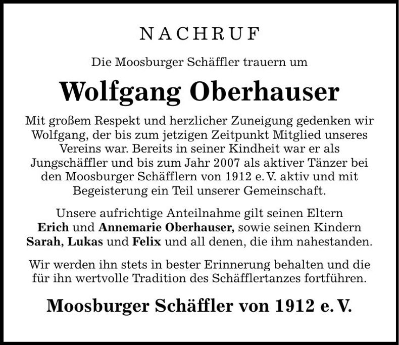 Traueranzeige Wolfgang Oberhauser