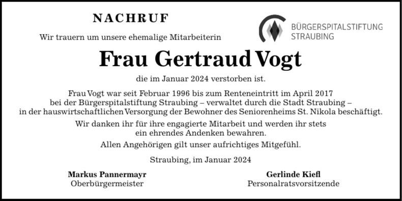 Traueranzeige Gertraud Vogt