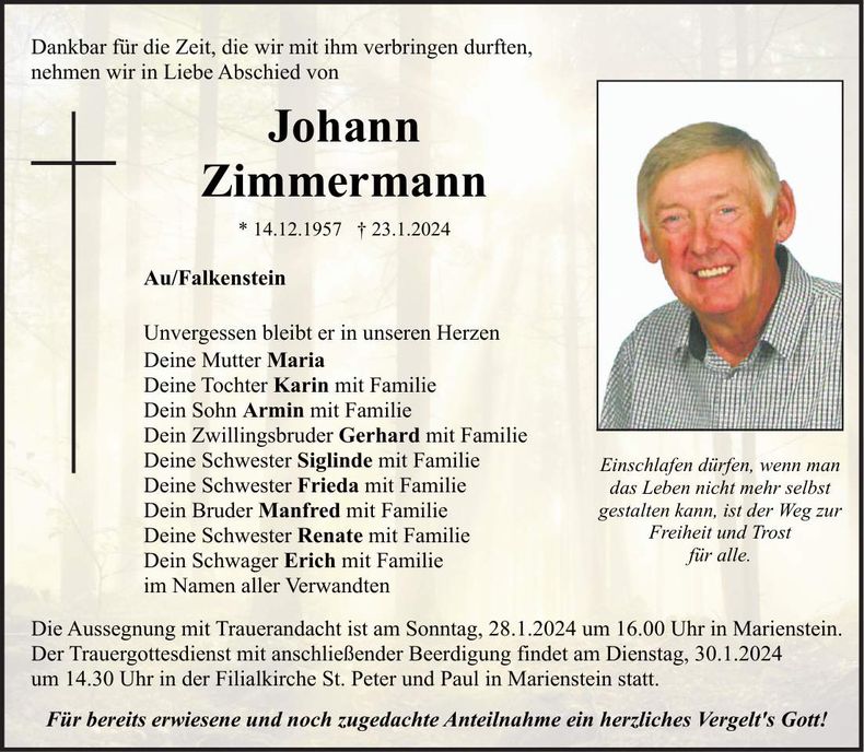 Traueranzeige Joahnnes Zimmermann