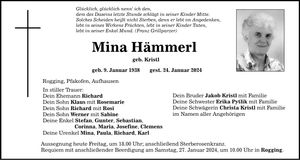Traueranzeige Mina Hämmerl
