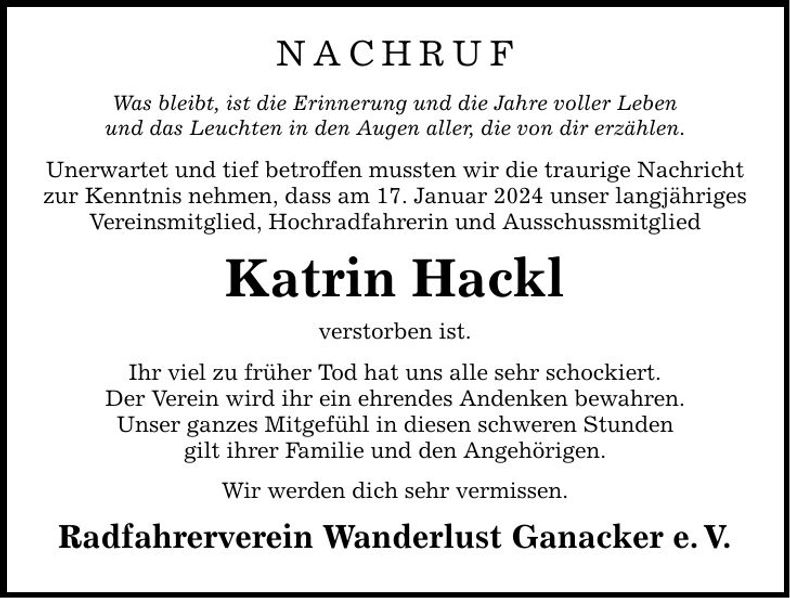 Traueranzeige Katrin Hackl