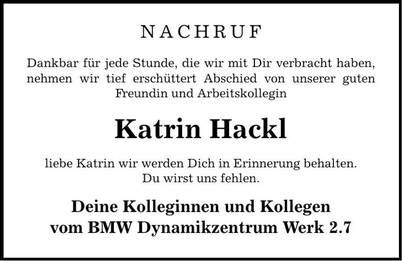 Traueranzeige Katrin Hackl