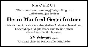 Traueranzeige Manfred Gegenfurtner
