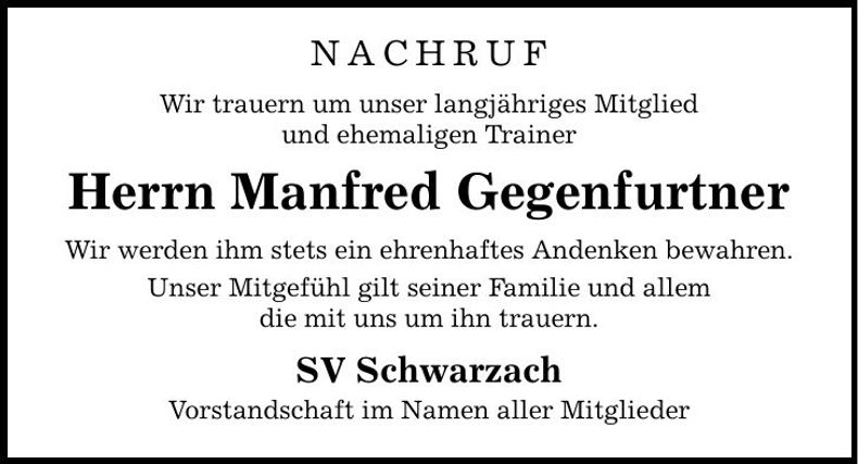 Traueranzeige Manfred Gegenfurtner