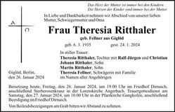 Traueranzeige Theresia Ritthaler