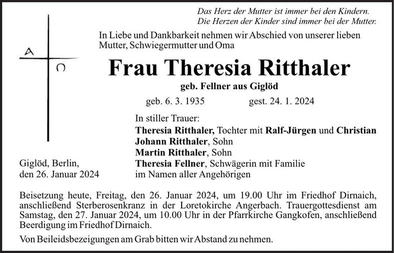 Traueranzeige Theresia Ritthaler