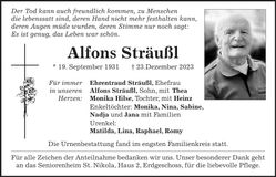 Traueranzeige Alfons Sträußl