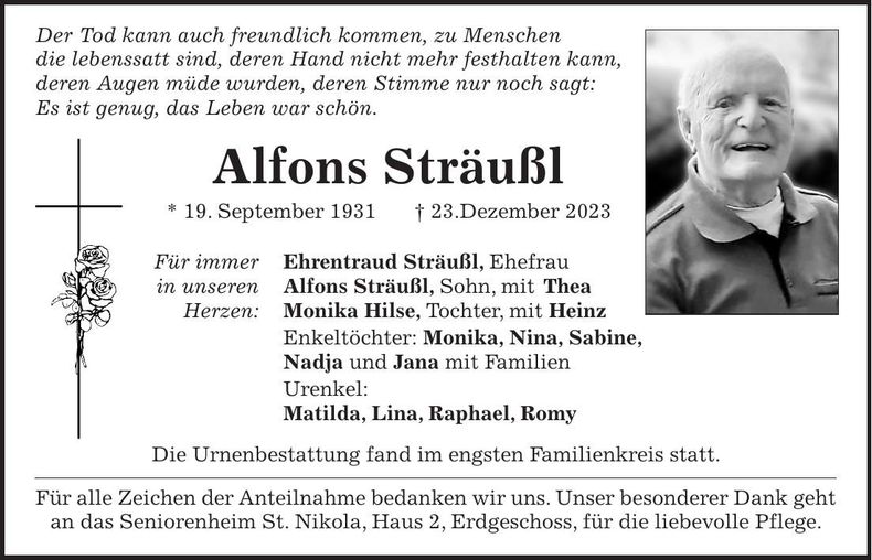 Traueranzeige Alfons Sträußl