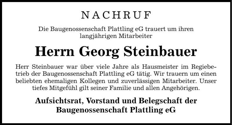 Traueranzeige Georg Steinbauer