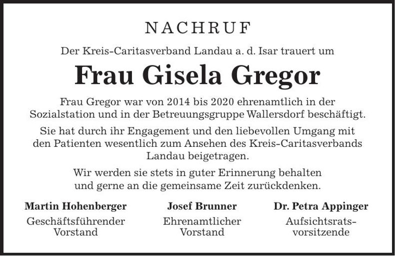 Traueranzeige Gisela Gregor
