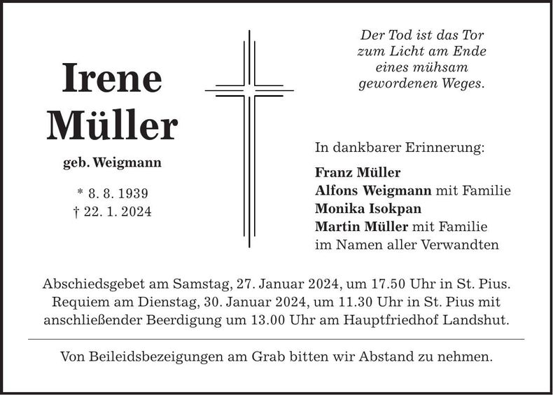 Traueranzeige Irene Müller