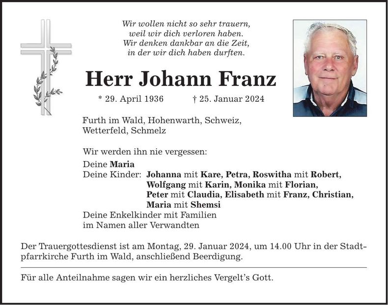 Traueranzeige Johann Franz