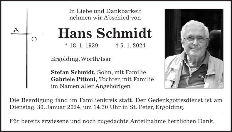 Traueranzeige Hans Schmidt