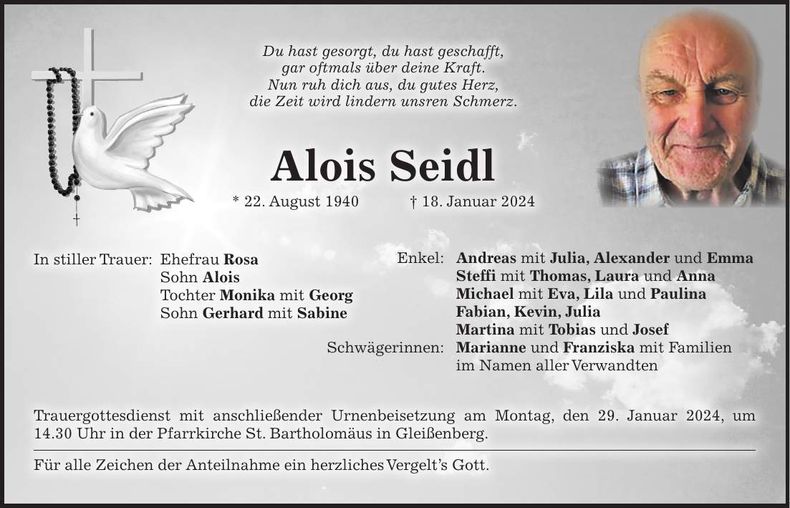 Traueranzeige Alois Seidl