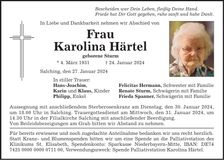 Traueranzeige Karolina Härtel