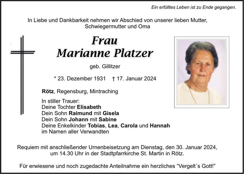 Traueranzeige Marianne Platzer