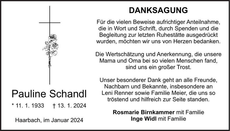 Traueranzeige Pauline Schandl