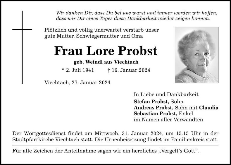 Traueranzeige Lore Probst