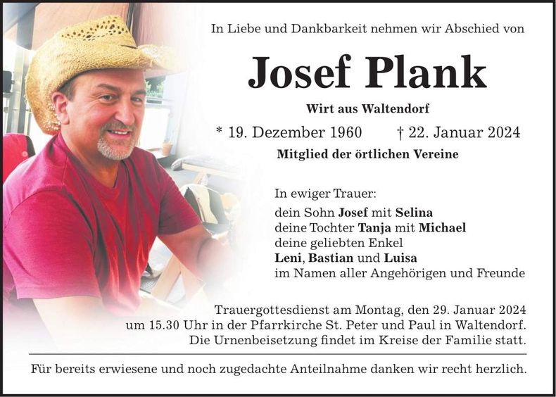 Traueranzeige Josef Plank