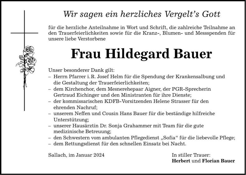 Traueranzeige Hildegard Bauer