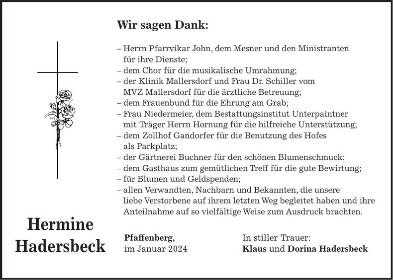 Traueranzeige Hermine Hadersbeck