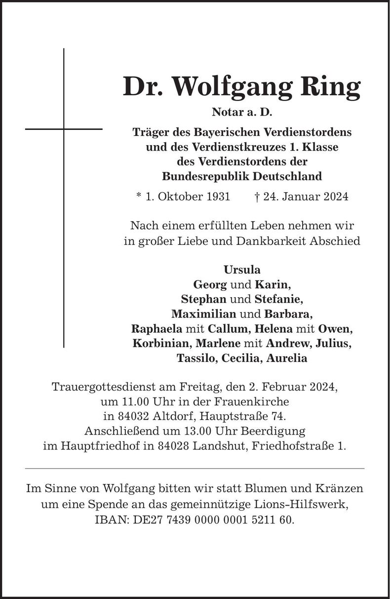 Traueranzeige Wolfgang Ring