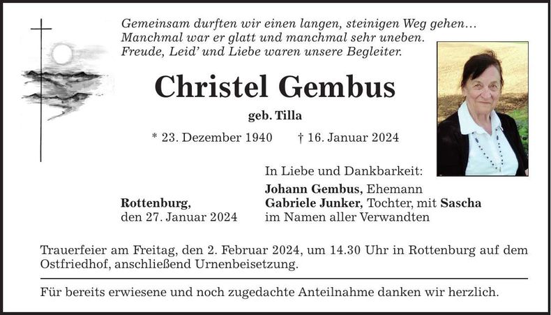 Traueranzeige Christel Gembus