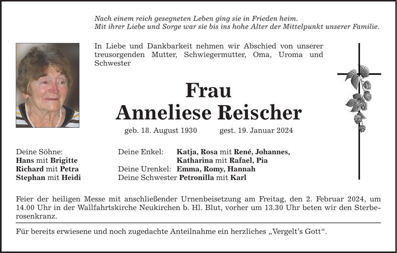 Traueranzeige Anneliese Reischer