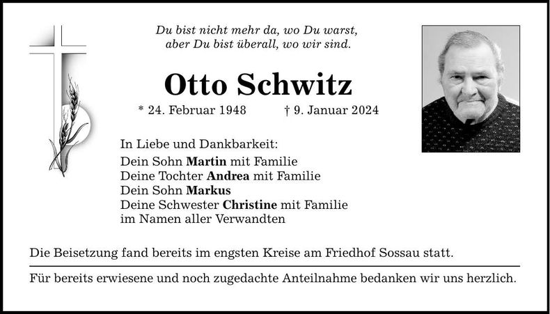 Traueranzeige Otto Schwitz
