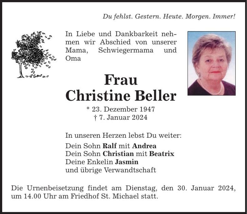 Traueranzeige Christine Beller