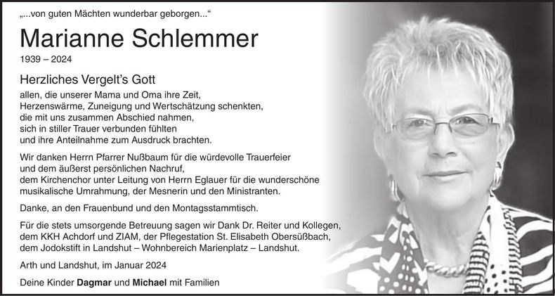 Traueranzeige Marianne Schlemmer