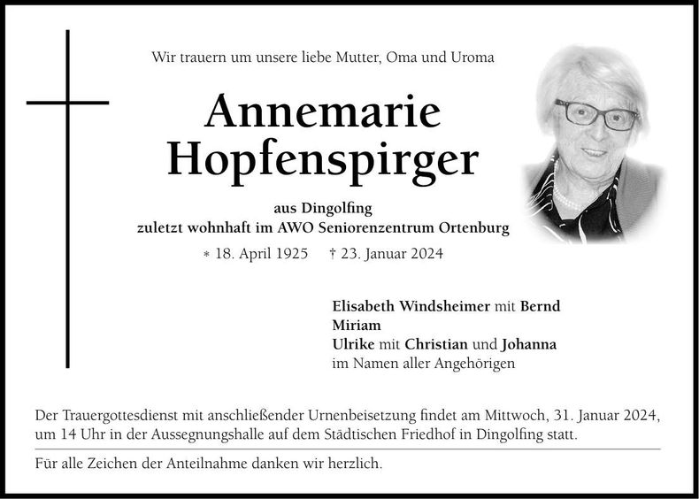 Traueranzeige Annemarie Hopfenspirger