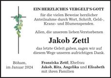Traueranzeige Jakob Zettl