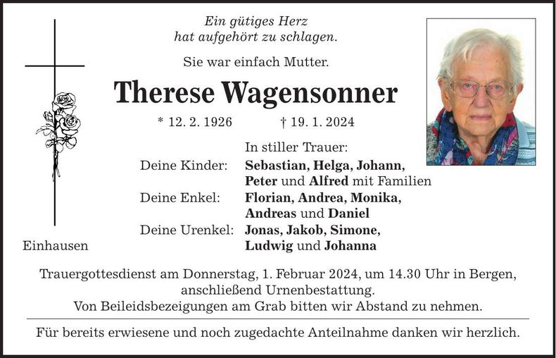 Traueranzeige Therese Wagensonner