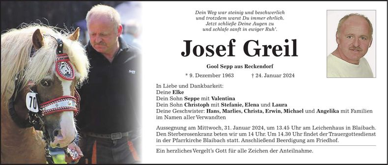 Traueranzeige Josef Greil